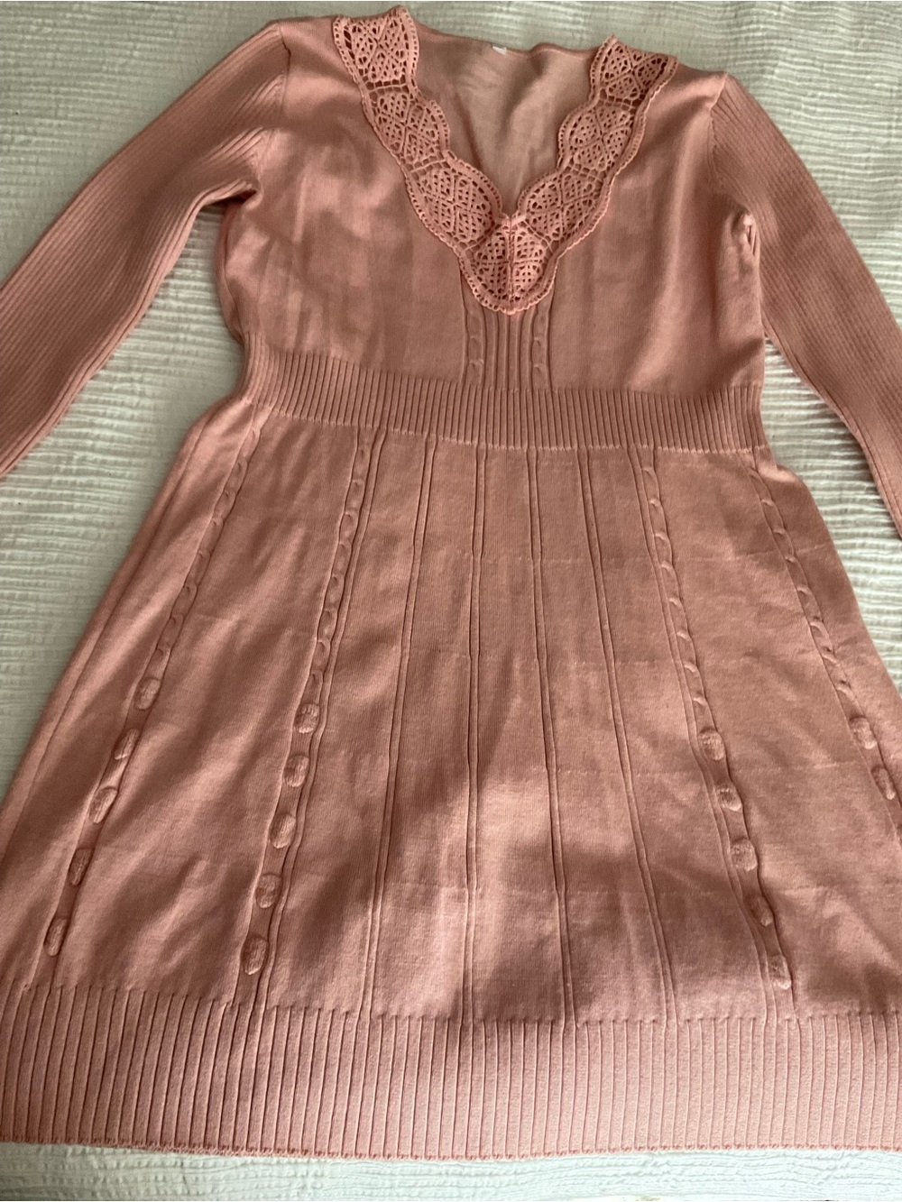 Girls' Pink Knit Dress with Lace V-Neck